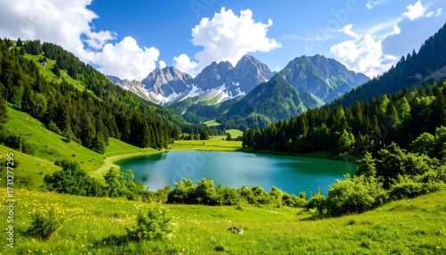 Lush alpine landscape with a tranquil lake nestled amongst towering peaks