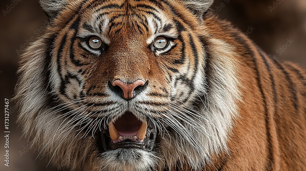 Fototapeta premium Tiger headshot with open mouth showing teeth in a natural setting.