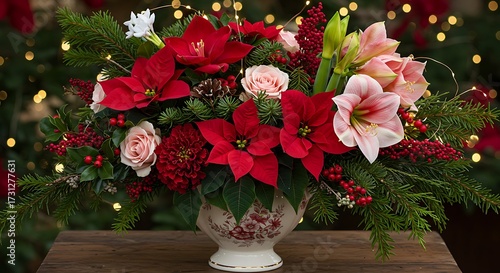Festive floral arrangement featuring red poinsettias and winter greenery display