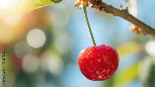Macro close-up of juicy red cherry covered in delicate drops, set against a soft bokeh background