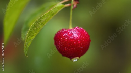 Fresh ripe cherry with glistening water drops, glowing red against a dreamy blurred backdrop