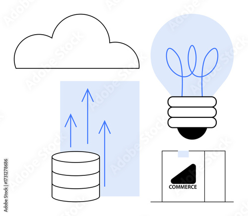 Cloud, database, upward arrows, light bulb, e-commerce box convey data growth, digital innovation, cloud computing, business strategy, technology solutions online commerce collaborative progress