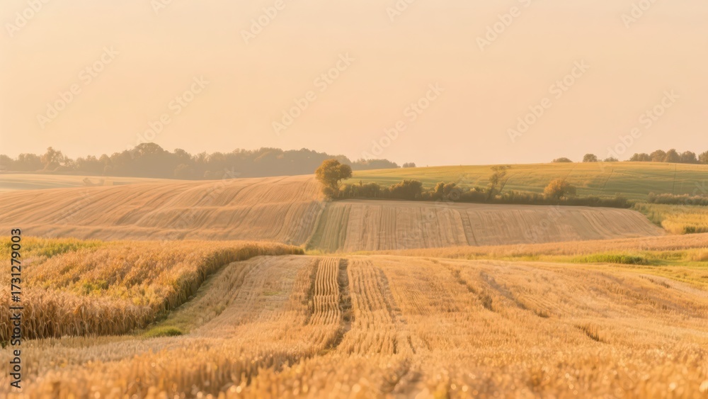 Fototapeta premium In autumn, the vast fields show the golden color of harvest, forming a quiet and beautiful pastoral scenery together with the distant trees and hills. 