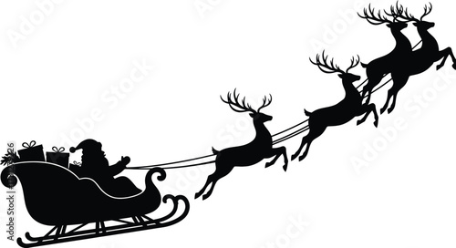 Santa's sleigh pulled by reindeer, delivering gifts on Christmas Eve, a festive and magical holiday season silhouette against a white background