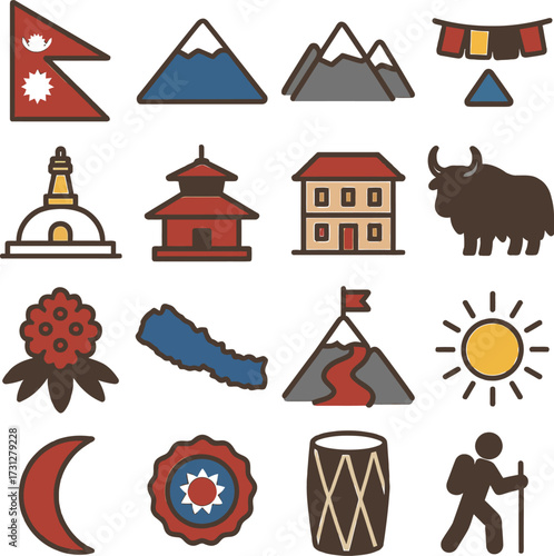 Nepal 16 Solid Color Icon Set Collection on White Background