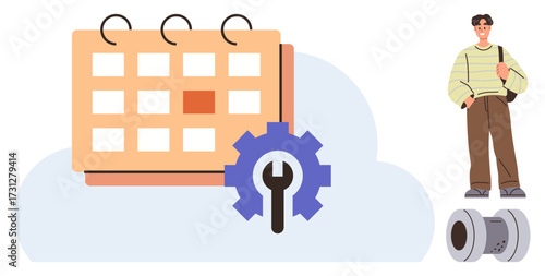 Calendar highlighted with gear and tool symbol for organization, joined by a standing person holding a bag near a pipe element. Ideal for scheduling, productivity, planning, management, deadlines
