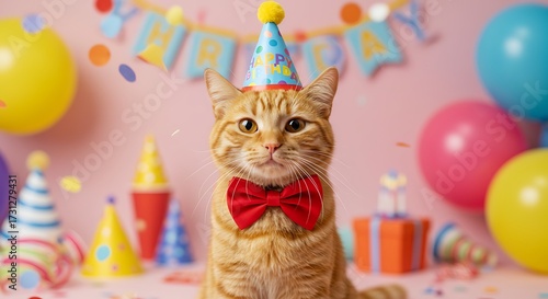 Festive ginger cat wearing a party hat and bow tie at a birthday celebration