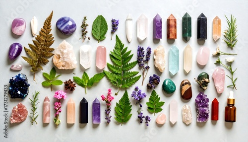 Crystals, herbs, and leaves arranged