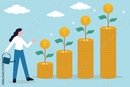 Compound interest growth, business man and woman growth business and money, savings, investment or wealth accumulation formula. Interest rate principal, profit or earning, finance, moneyplant.