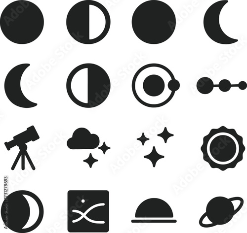 Lunar Eclipse 16 Solid Color Icon Set Collection on White Background