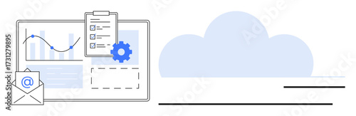 Wallpaper Mural Graph on monitor alongside email, checklist, and gear near cloud symbol. Ideal for data storage, cloud computing, analytics, email solutions, task management, teamwork simple flat metaphor Torontodigital.ca