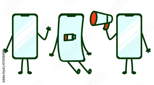 Cute Smartphone Characters Collection. Handdrawn Cellphone Characters with Arms and Legs. Funny Cartoon Mobile Phone Illustration Set. 