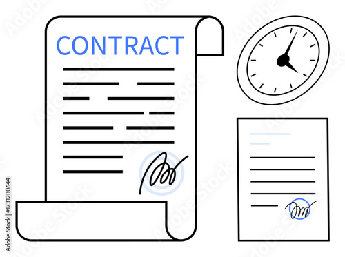 Contract with signature, timed clock, and additional page symbolize agreement, deadlines, obligations, and professionalism. Ideal for business, negotiation, legal time management authority trust