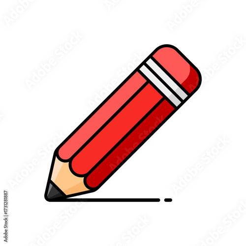 Isolated cartoon red pencil draw line vector illustration ICON. Black outline. White background.