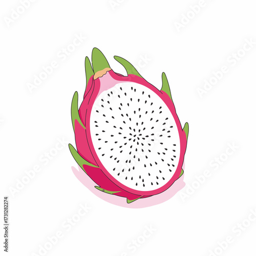 Vibrant Dragon Fruit Slice with Black Seeds and Green Scales