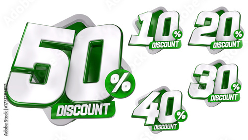 3D Green Discount Labels Badge 10 20 30 40 50 Percent Off with Transparent Background for Ramadhan, christmas and other event sale