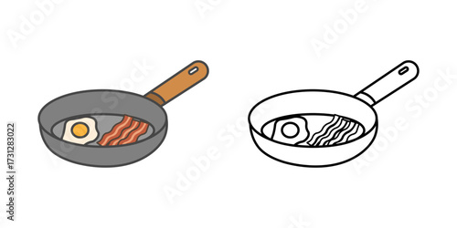 Frying pan cooking with egg and bacon, ideal for breakfast design, recipe graphics, kitchen illustrations, and culinary apps.