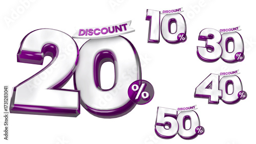 3D Purple Discount Labels Badge 10 20 30 40 50 Percent Off with Transparent Background for Ramadhan, christmas and other event sale