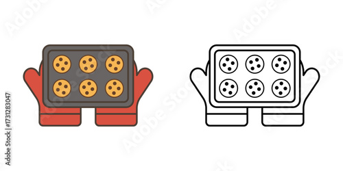 Oven mitt baking with tray of cookies, perfect for kitchen graphics, recipe apps, cooking illustrations, and home baking designs.