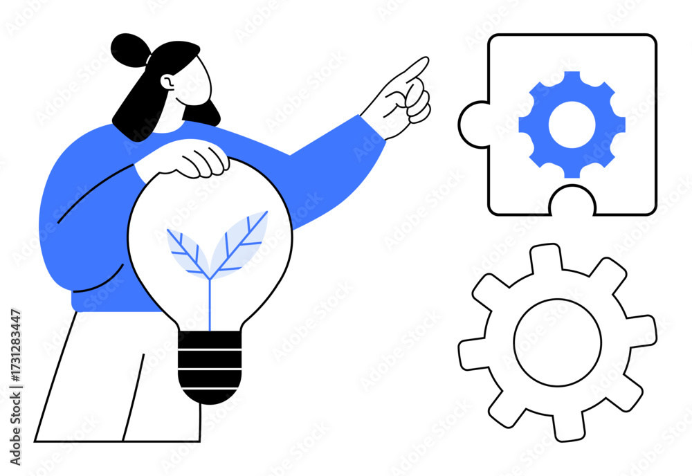 custom made wallpaper toronto digitalWoman with light bulb symbolizing eco-ideas gestures towards interconnected gear puzzle piece. Ideal for innovation, teamwork, sustainability, problem solving, creativity, strategy, and progress
