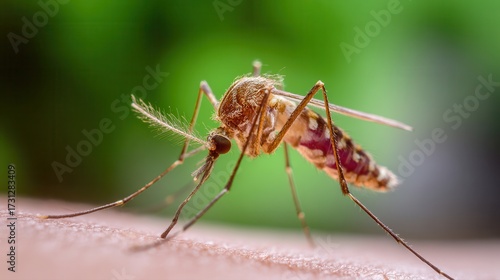 A close-up view of a mosquito feeding, showcasing its detailed features against a blurred, green background.