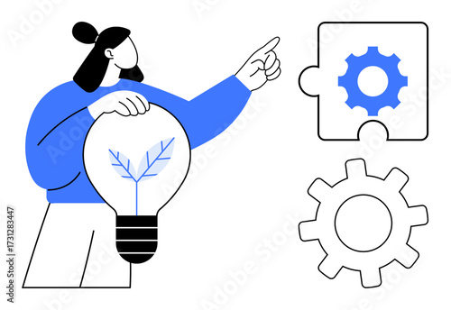 Wallpaper Mural Woman with light bulb symbolizing eco-ideas gestures towards interconnected gear puzzle piece. Ideal for innovation, teamwork, sustainability, problem solving, creativity, strategy, and progress Torontodigital.ca