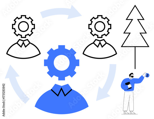 Human figures with gearheads connected by arrows, tree representing growth. Small figure holding a globe. Ideal for teamwork, innovation, sustainability, leadership, growth, process management