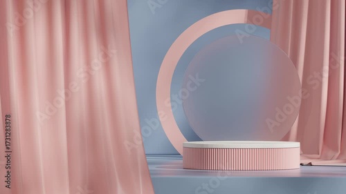 looping seamless shadow animation with frosted glass and blue wall, 3d footage render blank mockup of white and pink podium