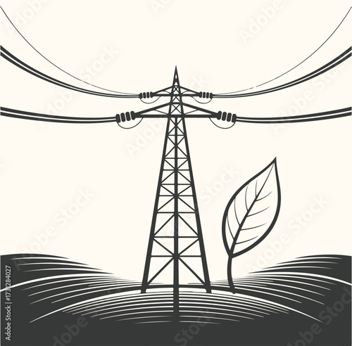 Art of high voltage electricity pylon with power lines and a green leaf symbolizing renewable energy and environmental sustainability, set against a stylized landscape