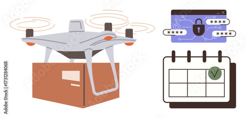 quadcopter carrying a package, cybersecurity login screen with password fields, and calendar with a green checkmark. Ideal for transportation, logistics, delivery, technology, e-commerce, security
