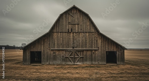 Rustic Wooden Barn in a Dry Field Under Cloudy Sky