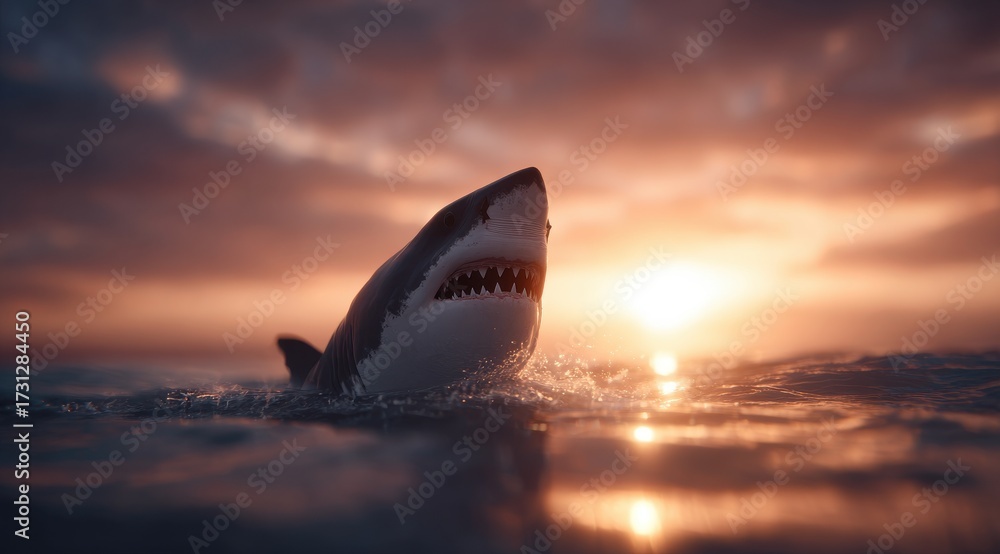 Fototapeta premium Shark emerging at sunset