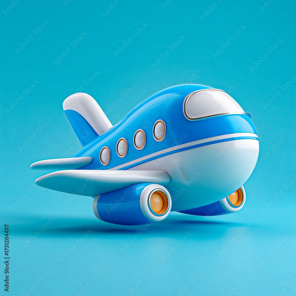 Naklejka premium Blue Cartoon Toy Airplane 3D Illustration on Pastel Blue Background
