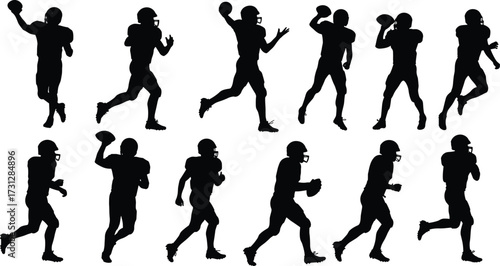 American football quarterback silhouette, throwing motion, helmeted player, sports action pose, black figure, isolated athlete, dynamic movement, competitive game