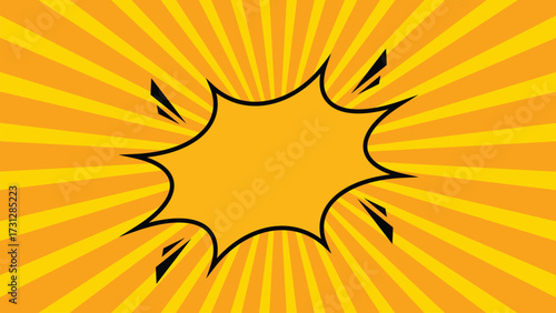 Comic pop art explosion background with yellow sunburst rays retro style boom speech bubble template design