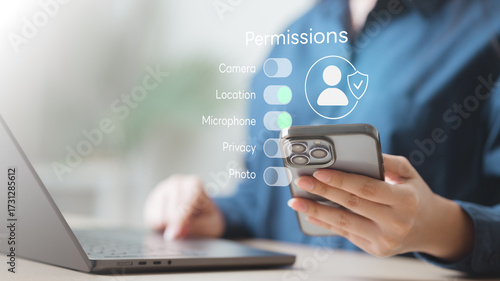 privacy, consent, settings, cookie, gdpr, data, User managing mobile app permissions and privacy settings including location, camera, and data security for compliance with GDPR and online protection.