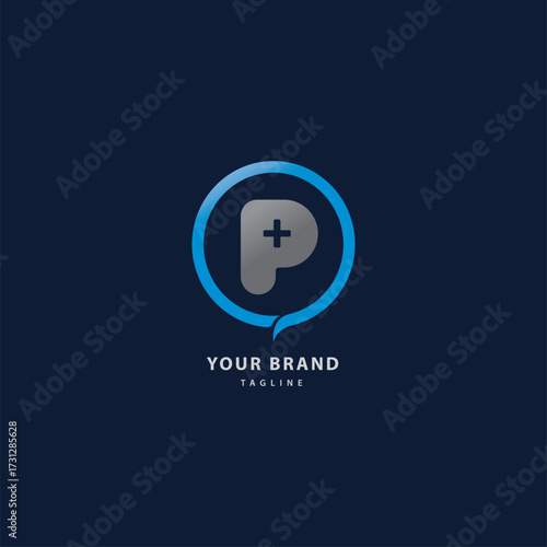 Modern medical logo design featuring a letter P and plus sign, perfect for healthcare brands seeking a professional and trustworthy image today, for branding in the healthcare industry and build