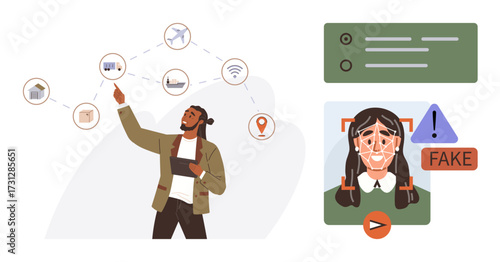 Man interacting with network icons as AI detects fake digital media. Ideal for digital technology, data analysis, cyber security, artificial intelligence, misinformation, fraud prevention, education