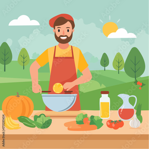 Bearded man joyfully preparing fresh salad with vegetables in a sunny garden, promoting healthy eating and vibrant lifestyle, perfect for food blogs