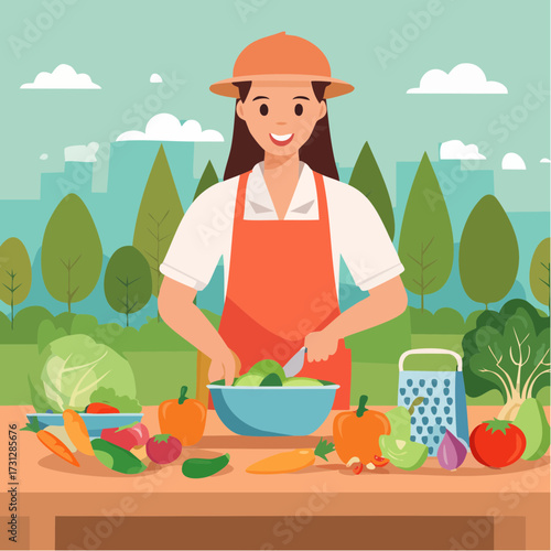 Cheerful woman prepares a vibrant, healthy salad with fresh garden vegetables in a bright outdoor kitchen, perfect for food blogs and healthy lifestyle promotions