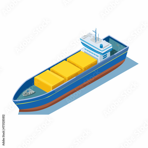 Isometric cargo ship sailing with yellow containers showcases global trade and shipping solutions, ready for export, import and worldwide distribution