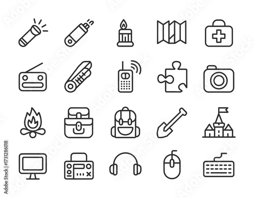 Outdoor Exploration & Survival Line Icons - Flashlight, Map, Camera, Backpack, Puzzle, Campfire, Shovel, Castle for Camping, Hiking, Travel & Emergency Kits

