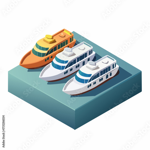 Isometric view of a vibrant yacht fleet, perfect for travel brochures or nautical themed projects, conveying luxury and maritime adventure, originally a vector.