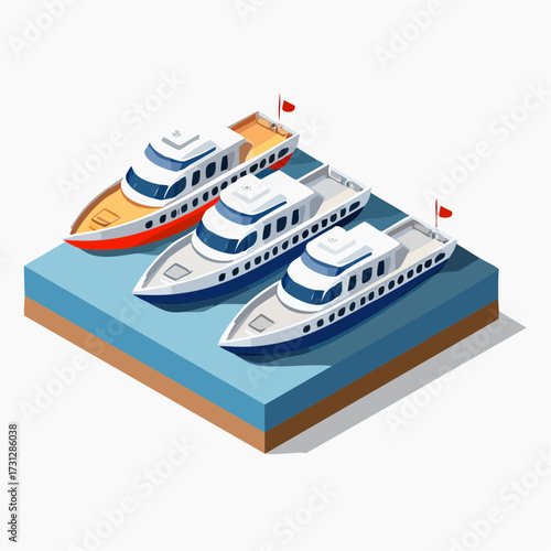 Modern isometric illustration of ships in harbor, ideal for nautical themes, travel ads, maritime businesses, and engaging website designs, ready for summer