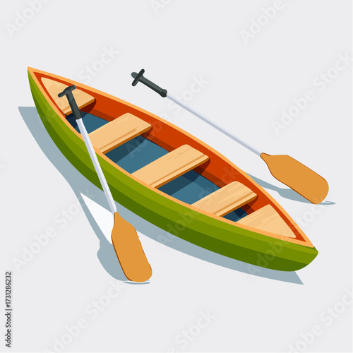 Vibrant green and orange canoe with oars, perfect for outdoor adventures, travel, and water activities