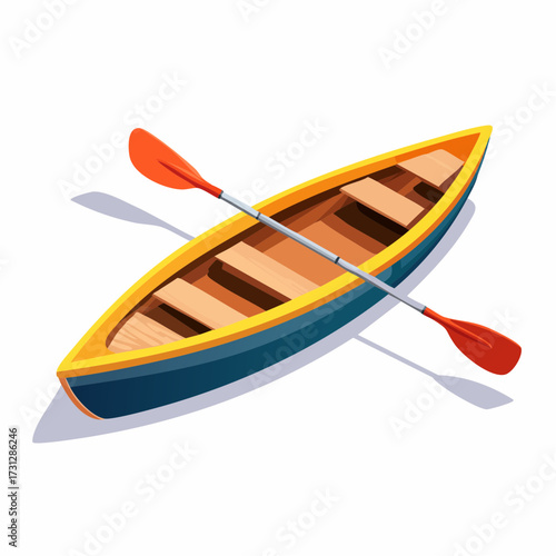 Colorful canoe with paddles ready for adventure on the water, perfect for travel, leisure, and outdoor recreation, evoking a sense of freedom and exploration.