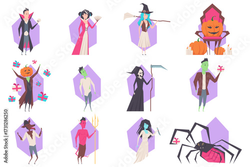 Vibrant collection of Halloween-themed characters including vampire, witch, ghost, and pumpkin. Perfect for festive decorations or themed events