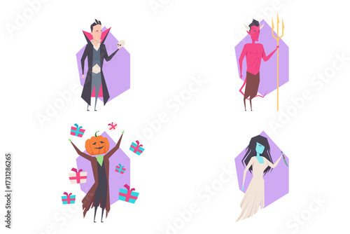 Collection of Halloween characters standing proudly. Vampire with cape, devil holding trident, pumpkin-headed figure, and ghostly woman