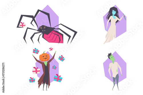 Bright and colorful Halloween set with spooky characters like spider, ghostly figure, pumpkin figure, and zombie with festive gifts in background. Perfect for holiday themes