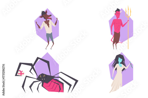Collection of Halloween characters with werewolf, demon with trident, large spider, and ghostly figure against colorful backgrounds